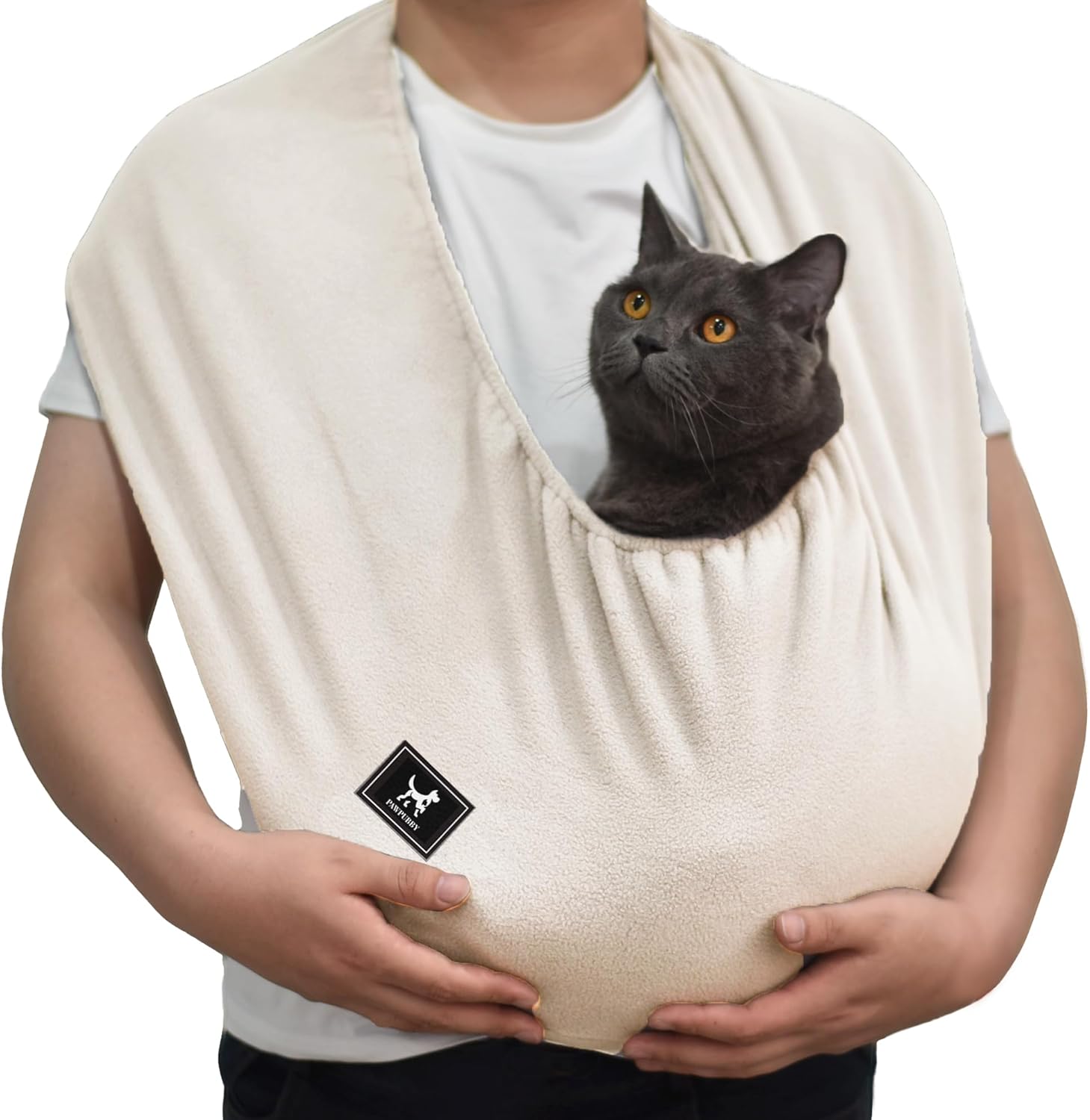 Pet carrier being worn by a tall owner in a park