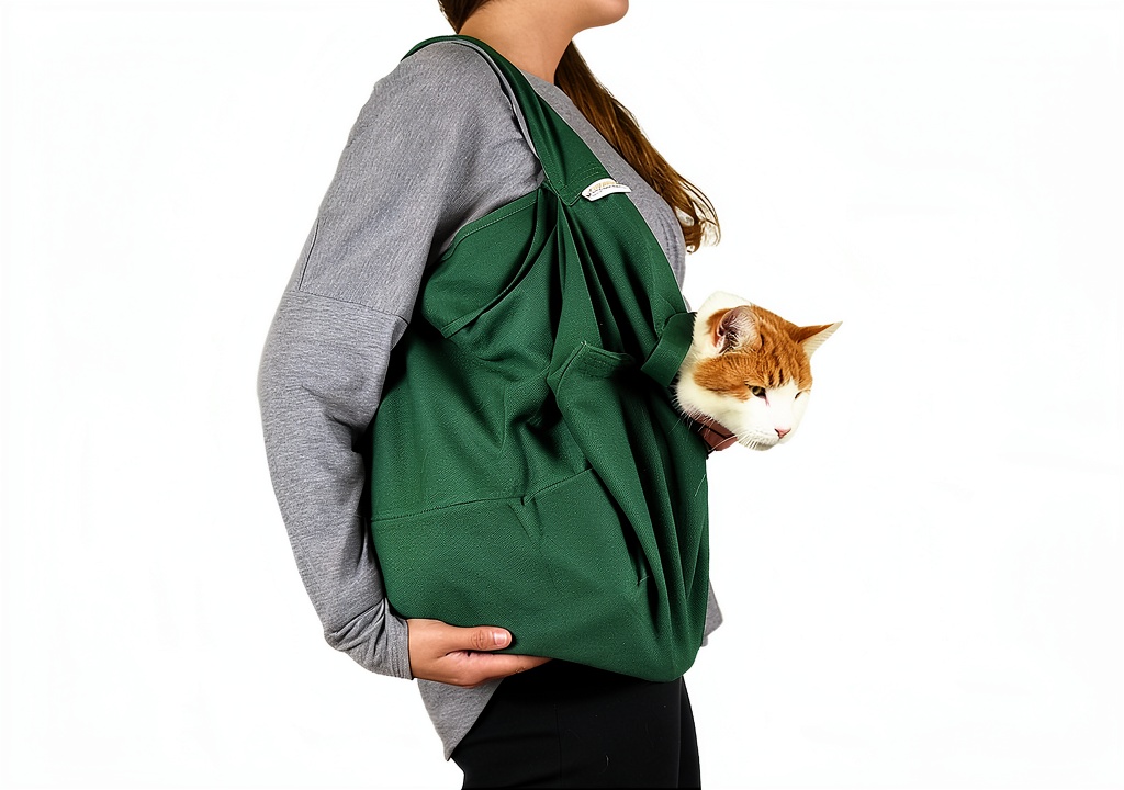 Cat-in-the-Bag cotton cat carrier being set up on a kitchen counter with a cat perched inside
