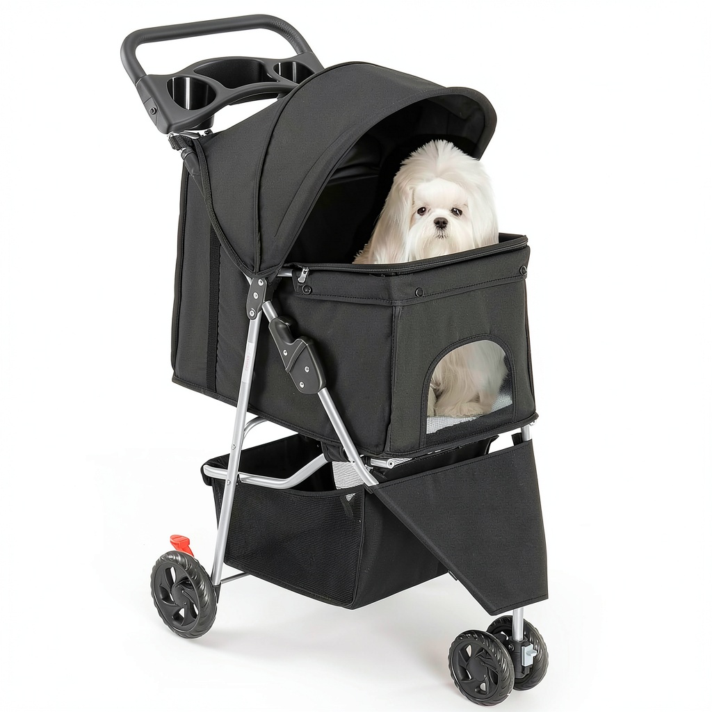 SMUG pet stroller in black with mesh canopy and storage basket