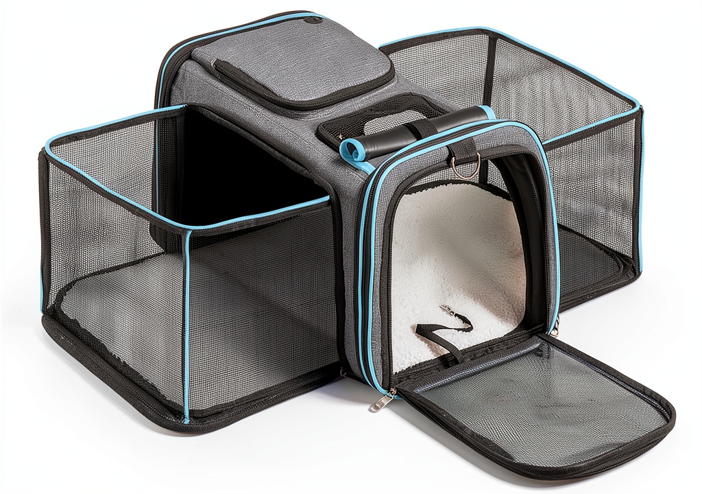 Pesen expandable cat carrier showing expanded side panels and mesh ventilation