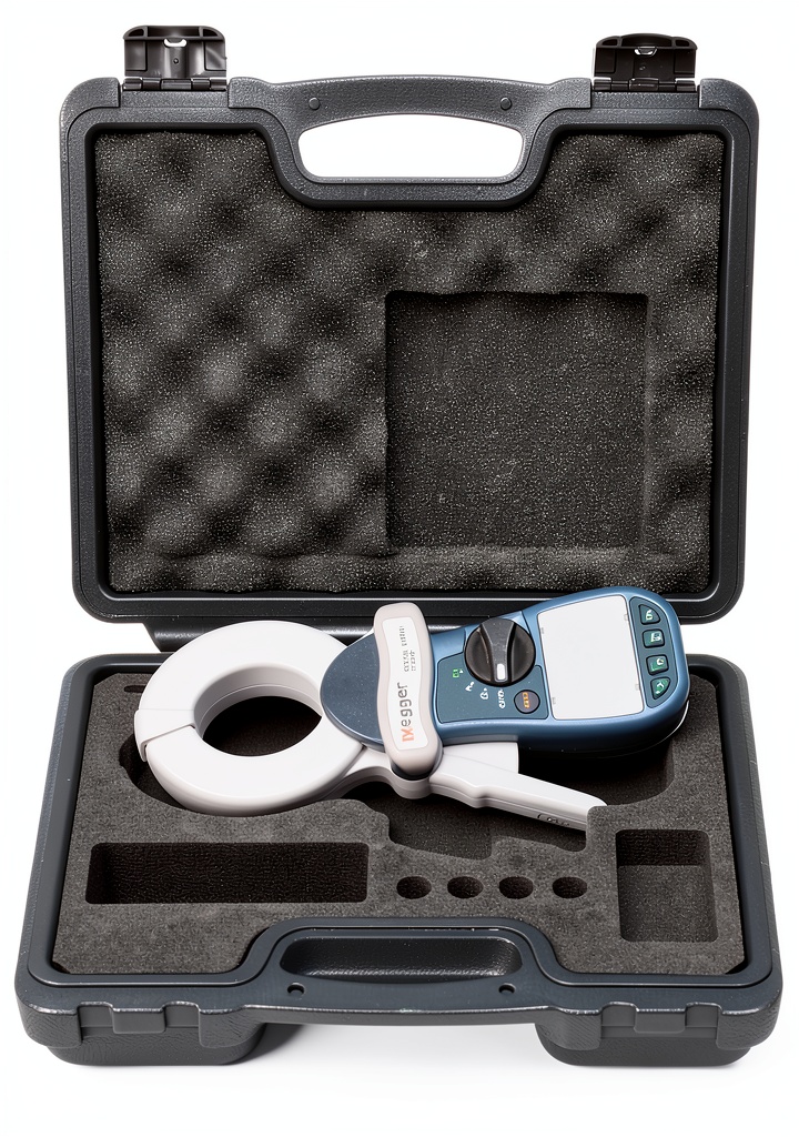 Megger 600V resistance meter with elliptical clamp being used on a grounding rod in a substation