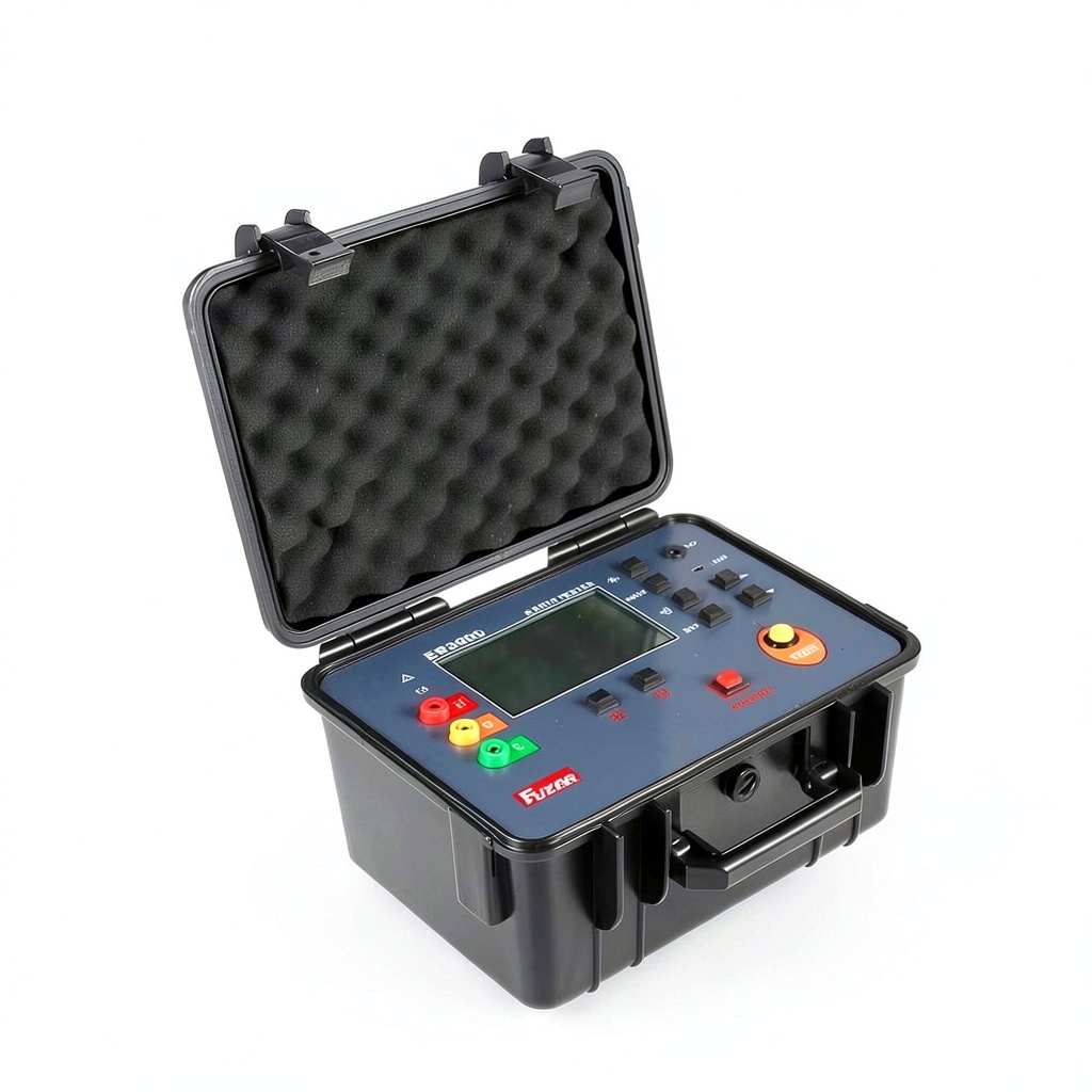 HFCC ES30000 ground resistance meter on a workbench with test leads attached